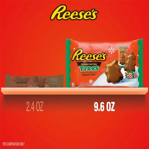Vista 5 de REESE'S Árboles de mantequilla de maní de chocolate con leche tamaño bocadillo, bolsa de caramelos navideños, 9.6 onzas