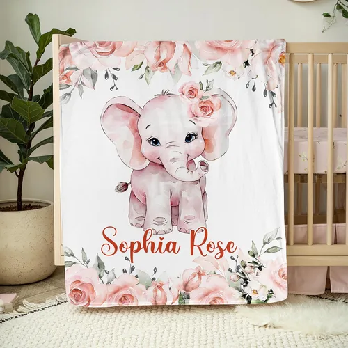 Vista 2 de NAZENTI Manta de bebé de elefante personalizada, manta de bebé niña personalizada con nombre y floral, regalo para niñas y niños, recién nacidos