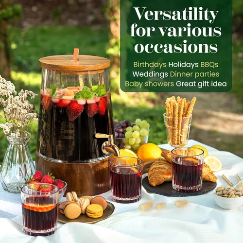 Vista 3 de FOODLE Dispensador de bebidas de vidrio con espita - Dispensador de bebidas de vidrio con soporte - Perfecto para fiestas y uso diario - Jarra