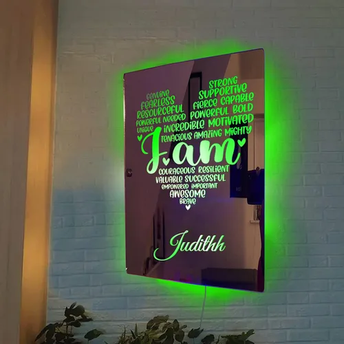Vista 6 de Espejo de afirmaciones positivas fuertes con nombre personalizado "I AM Strong Positive Affirmations Mirror con luces LED, espejo de pared