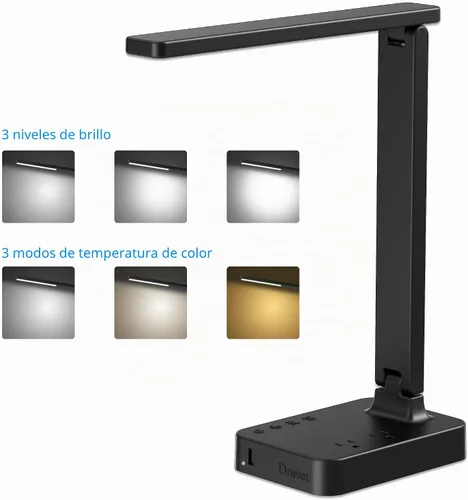Vista 2 de Drevet Lámpara LED de escritorio para dormitorio universitario, luz de escritorio con 1 puerto de carga USB, 2 tomas de corriente CA, 3 modos