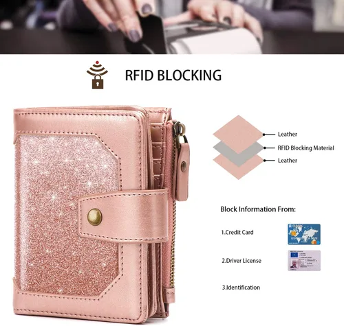 Vista 5 de Simikol Cartera pequeña para mujer, billetera plegable con bloqueo RFID, tarjetero con bolsillo con cremallera, Escarcha Oro rosa, Vintage