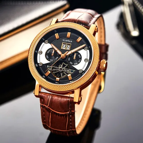 Vista 2 de SURVAN WatchDesigner Watch for Men Sapphire Crystal Mechanical Skeleton Automatic Men's Wrist Watches Ion-Plated Leather Strap Copper Watch Needle