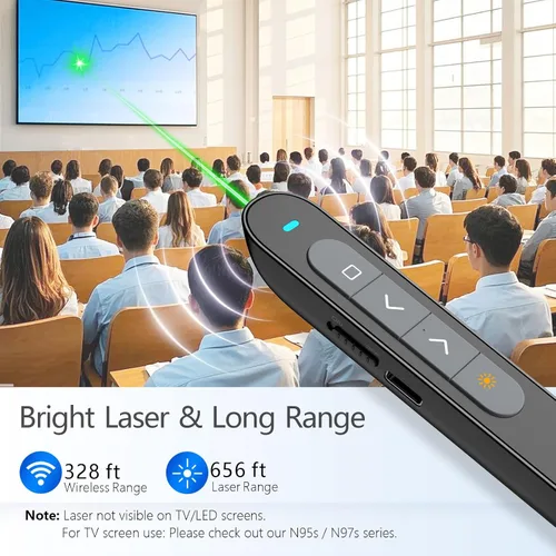Vista 4 de Norwii Clicker de presentación Bluetooth recargable con puntero verde, presentador inalámbrico, control remoto de presentación de PowerPoint, clic