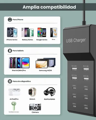 Vista 6 de Bloque de Cargador USB C Estación de Carga USB-C de 10 Puertos 6 Puertos USBC y 4 Puertos USB-A Total 50W Tira de Enchufes USB para Múltiples