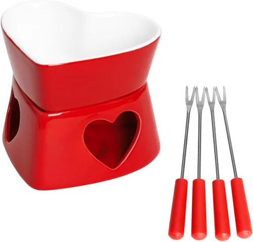 Vista 7 de Sizikato Juego de fondue de chocolate de porcelana roja en forma de corazón, 10 onzas