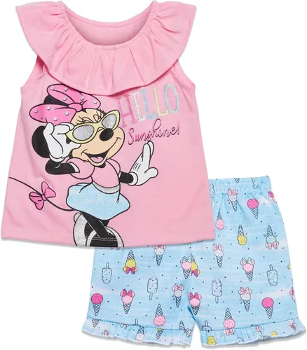 Vista 7 de Disney Minnie Mouse - Conjunto de camiseta floral arcoíris y pantalones cortos de cambray, tallas de bebé a niño grande (12 meses - 14-16)