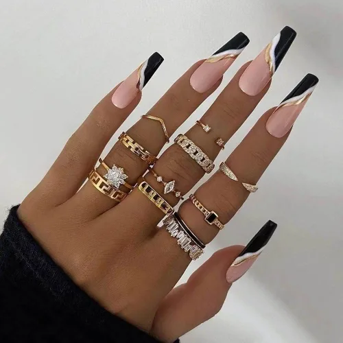 Vista 15 de Uñas postizas francesas a presión, uñas postizas largas de acrílico con forma de ataúd de cobertura completa, uñas postizas de bailarina