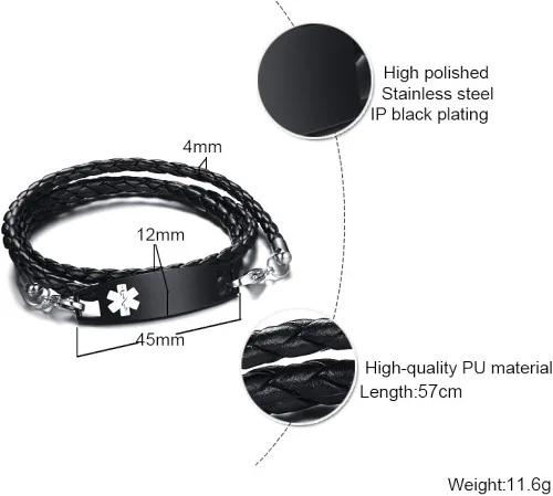 Vista 2 de XUANPAI Personalized Customized Multi-Strand Handmade Weaving PU Emergency Medical Alert ID Bracelet Wristband for Men,7.5 Inches