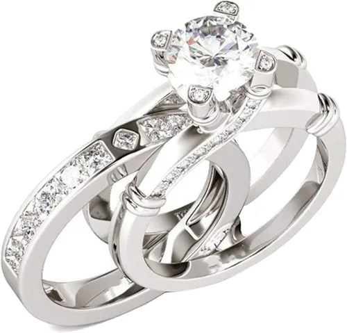 Vista 5 de Juego de anillos de diamante para mujer juego de anillos de combinación creativa 2 en 1 con circonita y anillo de moda versátil para boda compromiso