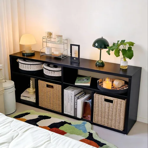 Vista 33 de Organizador de almacenamiento vertical de 2 cubos de metal, estantería corta negra con espalda abierta, estante de almacenamiento de cubo pequeño