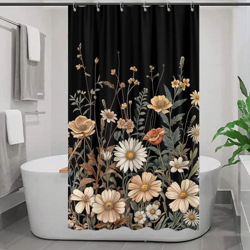 Vista 14 de Cortina de ducha de mariposa floral negra y dorada, cortina de ducha bohemia con diseño botánico de flores oscuras para baño con gancho, juego