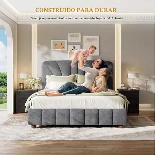Vista 3 de Estructura de cama Boucle de tamaño matrimonial con cabecero ajustable tapizado gris