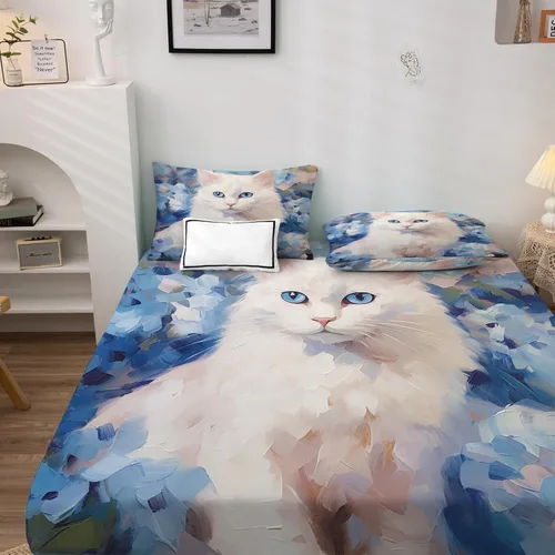 Vista 3 de Juego de sábanas de tamaño individual para gatos, sábanas de microfibra suave, bolsillo profundo, sábanas y fundas de almohada estampadas sin