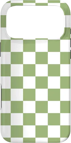 Vista 22 de Funda clásica a cuadros para iPhone 13 Pro Max, color verde salvia y blanco