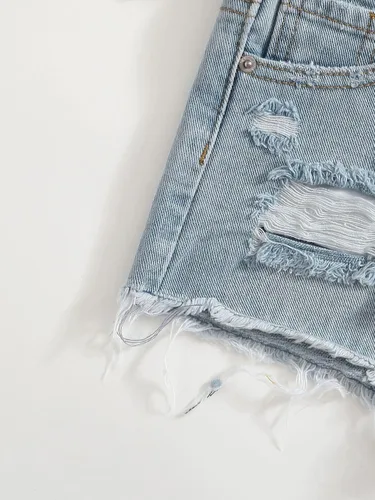 Vista 3 de WDIRARA Pantalones cortos de mezclilla de cintura alta con dobladillo rasgado y botones para niña
