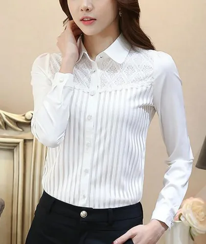 Vista 6 de Blusa estilo vintage con manga larga de encaje elástico con cuello de botón para mujer