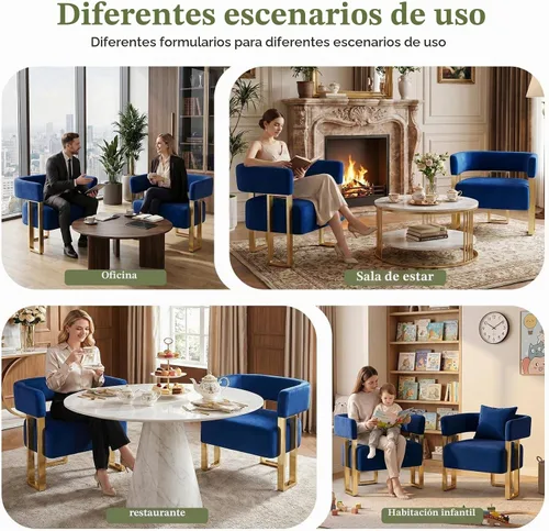 Vista 3 de Juego de 2 sillas decorativas de terciopelo azul marino, sillones de barril para sala de estar