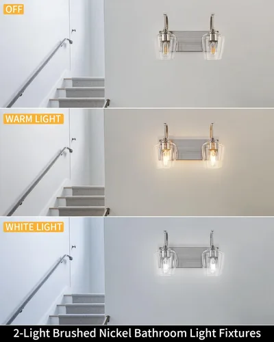 Vista 6 de foucasal Accesorios de Luz de Baño de Níquel Cepillado Luz de Tocador de Baño con Pantalla de Vidrio Transparente, 2 Luces Modernas de Pared