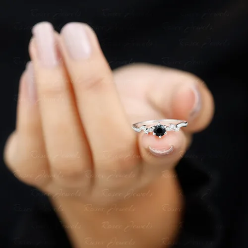 Vista 5 de Anillo de promesa de ónix negro natural con diamante para mujer, anillo de hoja de cuentas Calidad AAA