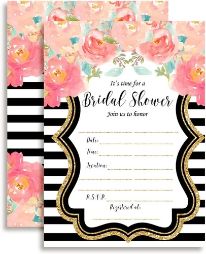 Vista 16 de Amanda Creation Juego de 20 invitaciones de acuarela floral azul, gris y dorado para despedida de soltera, incluye sobres