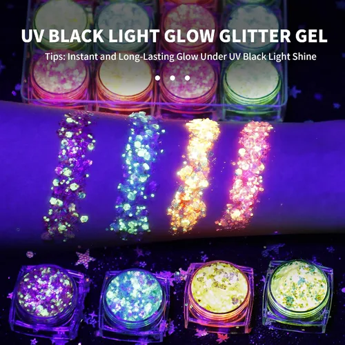 Vista 4 de Gel de purpurina para brillar en la oscuridad para el cuerpo y la cara para mujeres, 6 colores de gel de purpurina para maquillaje, purpurina gruesa