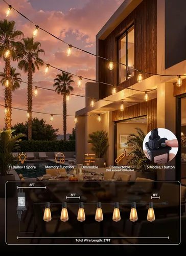 Vista 6 de Minetom Outdoor String Lights with Remote 37FT, ST38 Patio Lights