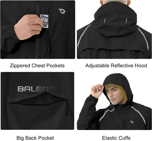 Vista 4 de baleaf Chaqueta impermeable para hombre con capucha ligera reflectante A-Negro
