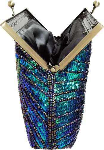 Vista 5 de Bolso de noche vintage de lentejuelas con cuentas de pavo real, bolso de boda para fiesta de los años 20 Azul (Peacock Blue)