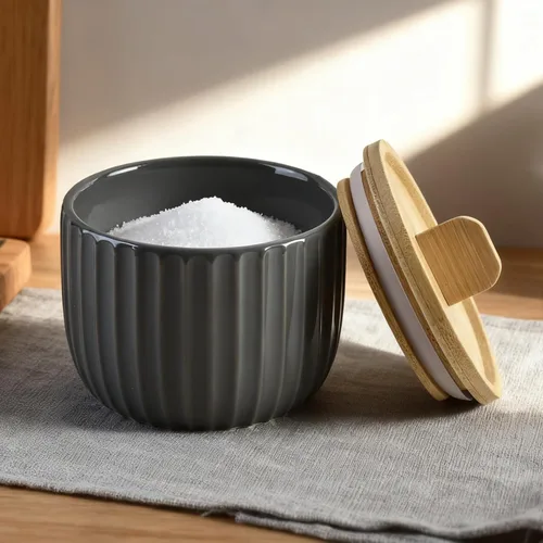 Vista 7 de Recipiente de sal con tapa de bambú, cuencos de cerámica de gran capacidad de 14 onzas, caja de pimienta, recipiente de condimentos de esmalte Negro