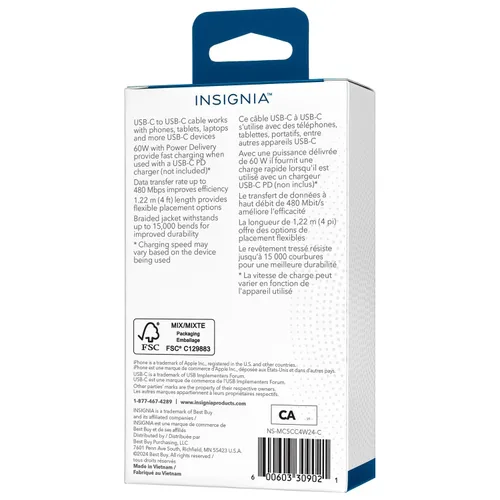 Vista 68 de Insignia Cable trenzado USB-C a USB-C (5 pies, morado claro)
