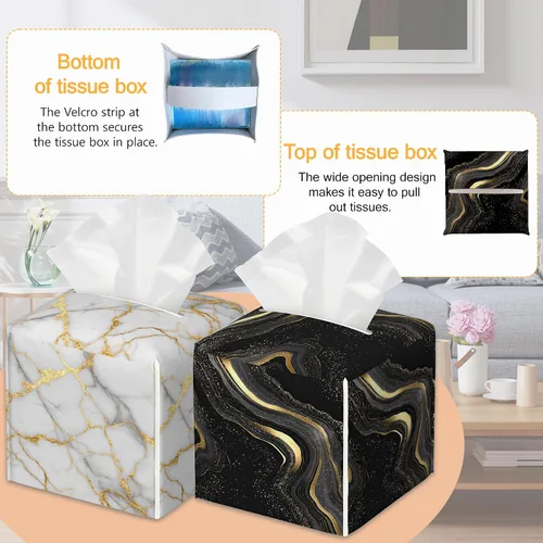 Vista 4 de Caja de pañuelos cuadrada de mármol negro y blanco y dorado, 2 unidades, organizador de servilletas para dormitorio, oficina, baño, decoración