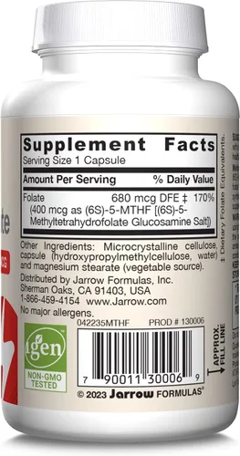 Vista 10 de Jarrow Formulas Folato de metilo extra fuerte 400 mcg, suplemento dietético para apoyo de salud cardiovascular y neurológica, 60 cápsulas vegetales