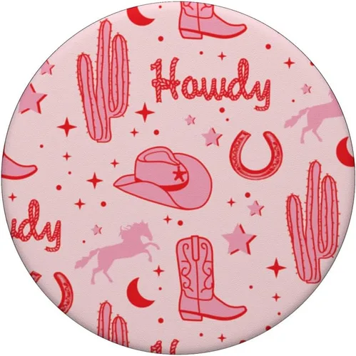 Vista 3 de Patrón de sombrero de vaquero y botas pastel PopSockets estéticos de vaquero rosa PopGrip intercambiable