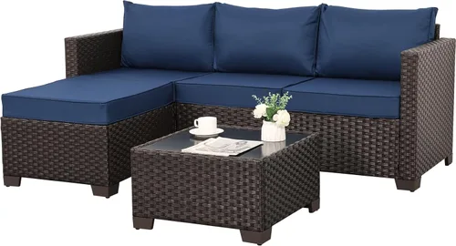 Vista 7 de Juego de muebles de patio de 3 piezas, juego de sofá modular para exteriores, muebles de mimbre para patio, sofá al aire libre, mesa auxiliar Azul