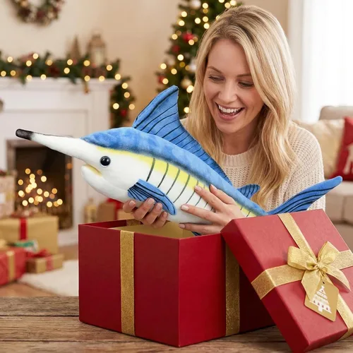 Vista 2 de Juguete de peluche de pez Marlin de simulación, animales realistas de 18.5 pulgadas, animales de peluche azul Marlin, muñecas de felpa súper suaves