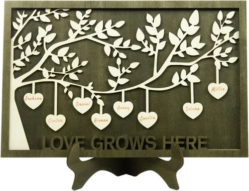 Vista 14 de Árbol genealógico con etiqueta de corazón, placas de madera grabadas personalizadas, regalos personalizados para madres, padres, escritorio, nombres