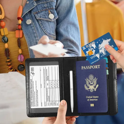 Vista 6 de Combo de portatarjetas de pasaporte y vacunación, soporte para pasaporte con ranura para tarjeta de vacunación CDC, cartera con bloqueo RFID