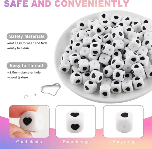 Vista 6 de Cuentas de silicona de corazón cuadrado blanco de 0.472 pulgadas, 20 cuentas de silicona con números de corazón para hacer llaveros, ideal