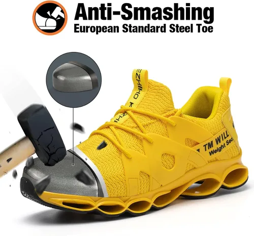 Vista 2 de Kezhiho Tenis de trabajo con punta de acero para hombre y mujer, amarillos, ligeros, transpirables, antideslizantes, construcción indestructible