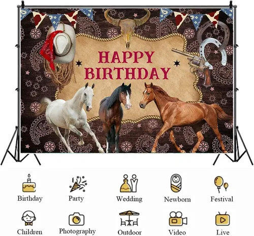 Vista 5 de Decoración de cartel de celebración de caballo para fiesta de cumpleaños, telón de fondo estable del salvaje oeste, fondo de fotos de baby shower