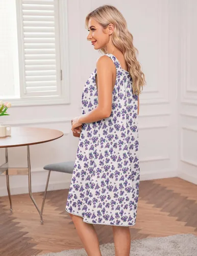 Vista 4 de Ekouaer Camisón para mujer, ropa de dormir de algodón, sin mangas, con cuello en V