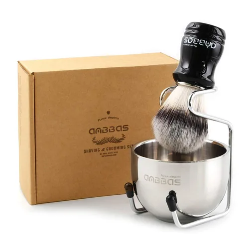 Vista 9 de Anbbas brocha de afeitar con pelo sintético de tejón y mango de madera, soporte y cuenco de afeitado de acero inoxidable, perfecto para afeitado