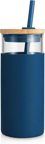 Vista 49 de Tronco Vaso de vidrio de 20 onzas con tapa y popote, taza de café helado y vaso para batido con tapas de bambú y funda protectora de silicona, apto