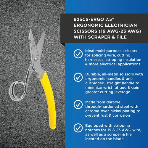 Vista 2 de Miller 925CS-ERGO Tijeras ergonómicas de empalme de electricista de metal con raspador y archivo, tijeras de electricista fácilmente portátiles
