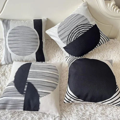 Vista 4 de IcosaMro Juego de 4 fundas de almohada bohemias de 18 x 18 pulgadas, color blanco y negro de mediados de siglo, diseño geométrico moderno de lino