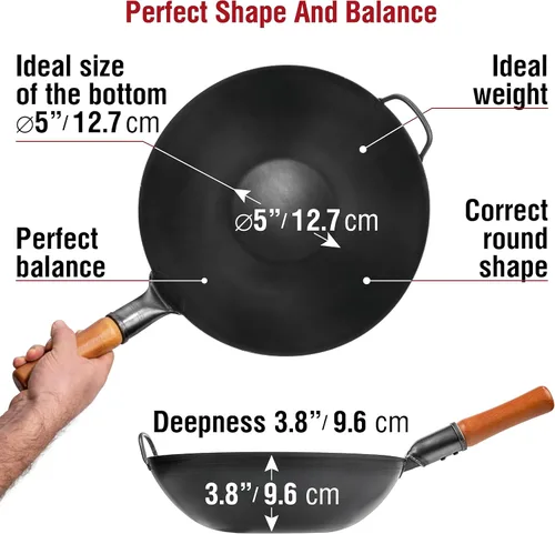 Vista 2 de YOSUKATA Sartén wok de acero al carbono – Sartenes para freír de 13.5 pulgadas – Wok chino con pow de fondo plano + tapa de wok de 12.8 pulgadas +