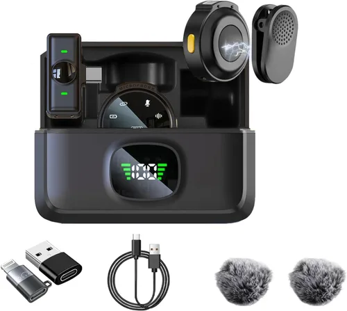 Vista 11 de Caiord - Paquete de 2 micrófonos inalámbricos de solapa para iPhone 15, Android, USB C, iPad con adaptador incluido, mini micrófono de solapa