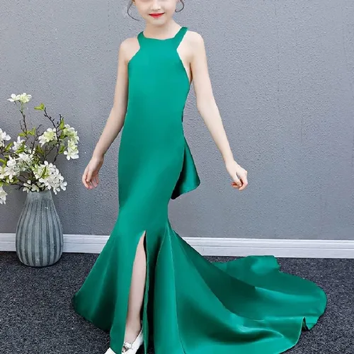 Vista 3 de LEPSJGC - Vestidos para niñas, disfraz de fiesta, vestido largo verde sirena, ropa formal de graduación (color verde, talla 4T)