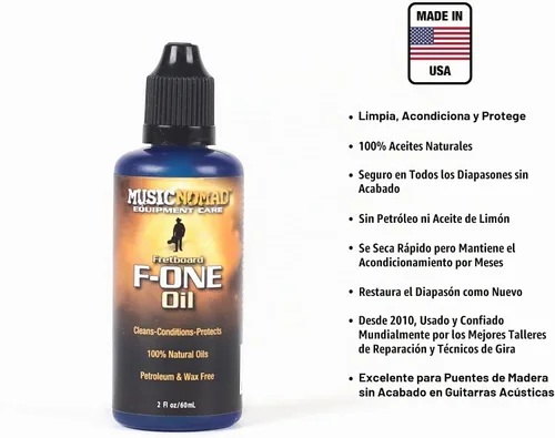 Vista 6 de MusicNomad F-ONE Kit de cuidado para diapasones sin acabado - Aceite, paño, cepillo (MN125)